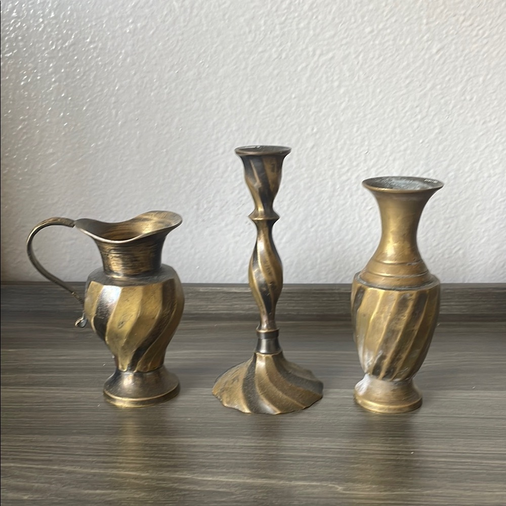 Brass Pitcher, Candlestick Holder & Vase Set